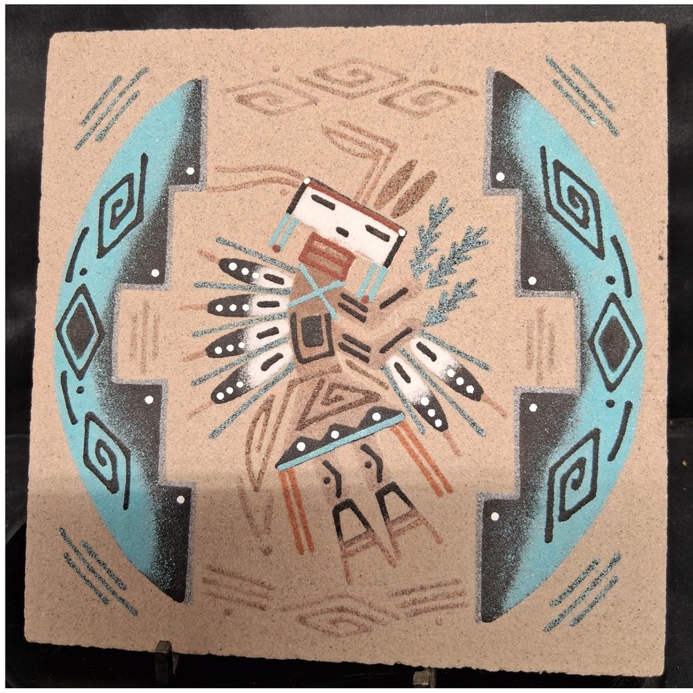Navajo Sand Art Tile Yei Holy People Signed RM Slim 2006 Southwest Folk Art 6x6